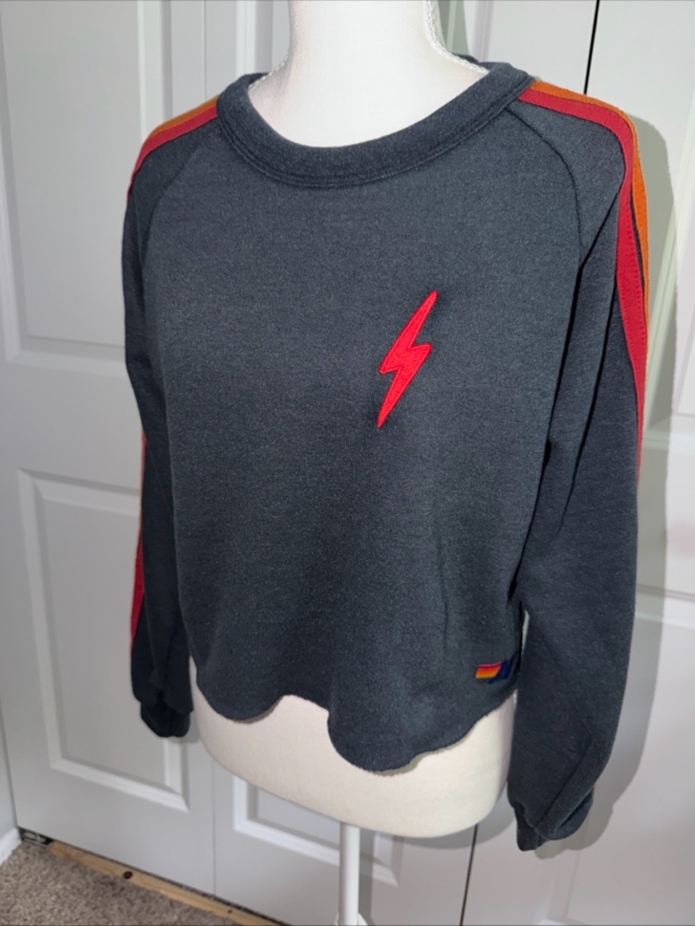 Aviator Nation Charcoal Pullover sweatshirt cropped rainbow sz small